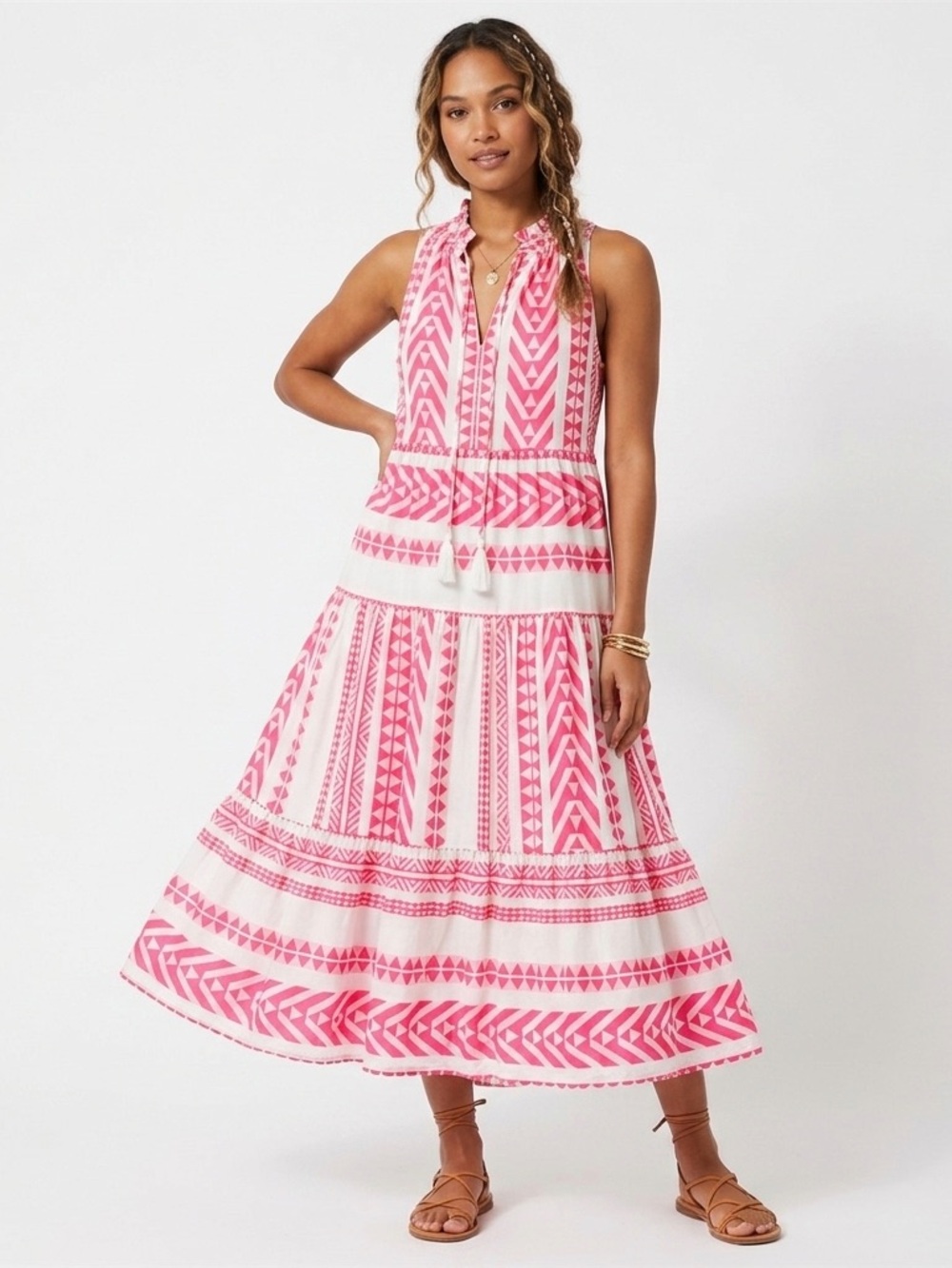 Sleeveless Pink Printed Tiered Maxi Dress with Tassel Tie